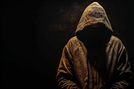Hooded man wearing a hoodie on a black background.の写真素材