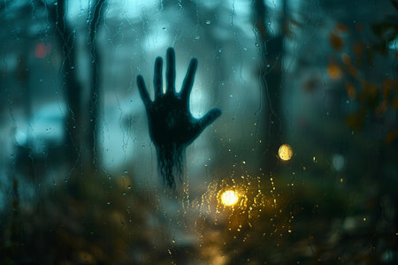 Halloween concept. Silhouette of scary zombie hand in the rain.の写真素材