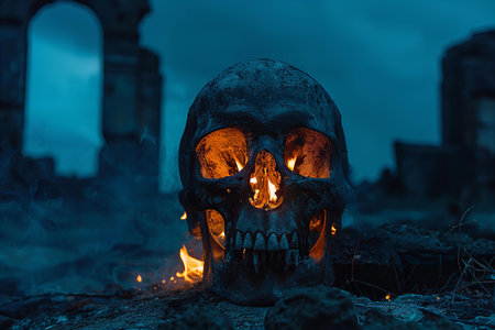 Scary human skull burning in front of the ruins of an ancient temple