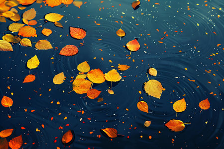 Colorful autumn leaves on water surface with ripples, tonedの写真素材