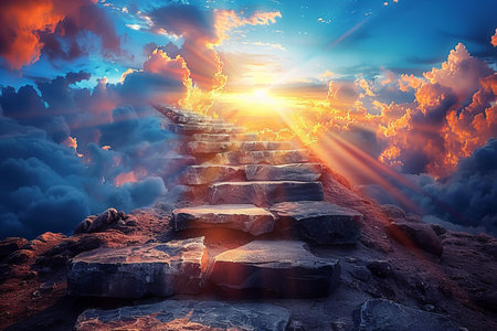 Stairway to the top of the mountain at sunset. 3D renderingの写真素材
