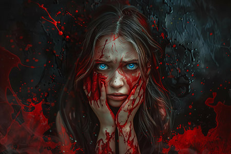 Portrait of a girl with blood on her face. Halloween.の写真素材