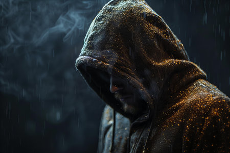 Hooded man in raincoat with hood on dark background.の写真素材