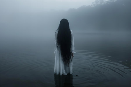 Young woman in a white dress standing in a lake in the mistの写真素材