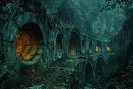 Ruins of an ancient cave in the forest. 3d renderingの写真素材