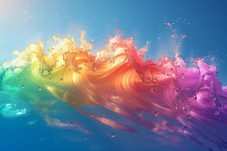 Colorful paint splashes on blue background. 3d render illustrationの写真素材