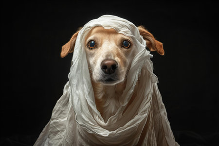 Portrait of a dog wrapped in a white cloth on a black backgroundの写真素材