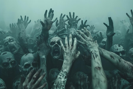 Zombie hands raised up in the dark. Horror Halloween concept.の写真素材