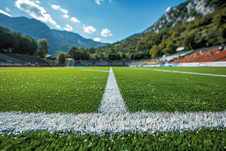 Soccer field with green grass and white marking lines in Switzerland.の写真素材