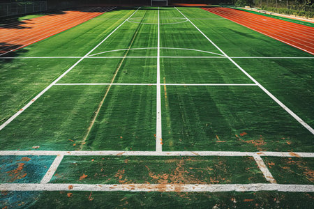sport field with green grass and white marking lines, vintage styleの写真素材