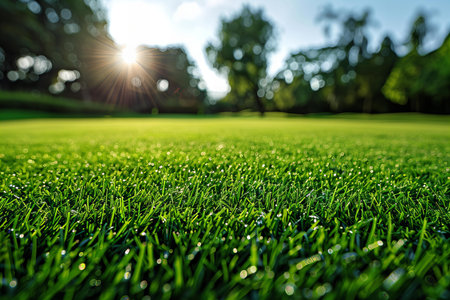 Green grass with sunlight and bokeh on the golf course.の写真素材