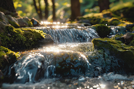 Small waterfall in the forest at sunset. Beautiful natural background. Shallow depth of field