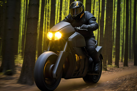 Motorcycle rider in black helmet and leather jacket riding on a forest road.の写真素材