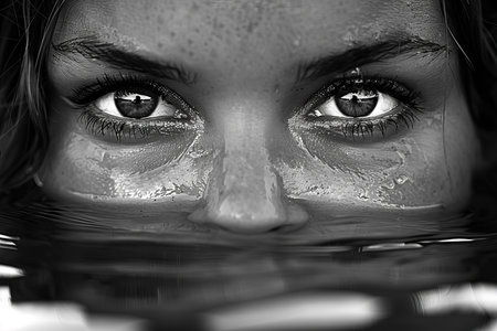 Beautiful woman face in water close-up, black and whiteの写真素材