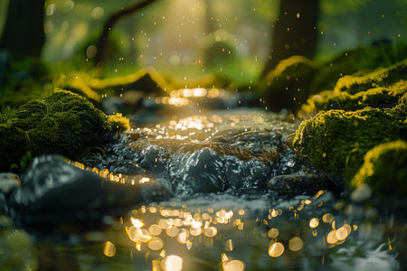 beautiful waterfall in the forest with bokeh lights and mossの写真素材