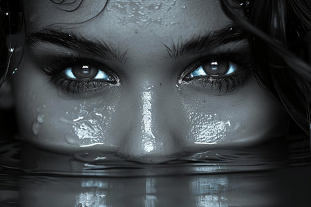 Close-up portrait of a beautiful girl with blue eyes in waterの写真素材