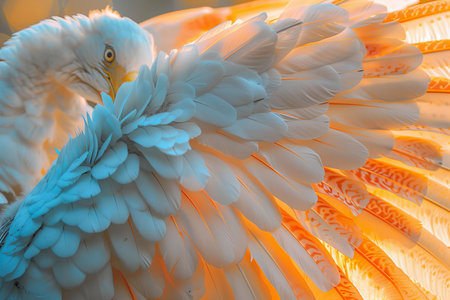 Close up of the head of a bald eagle in the sunlight.の写真素材