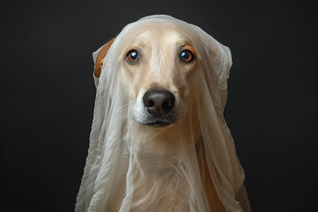 Studio portrait of a dog wearing a veil on a black background.の写真素材