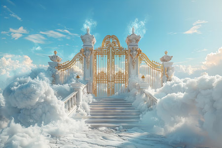 White stairs leading to heaven with golden gate in the clouds. 3D renderingの写真素材