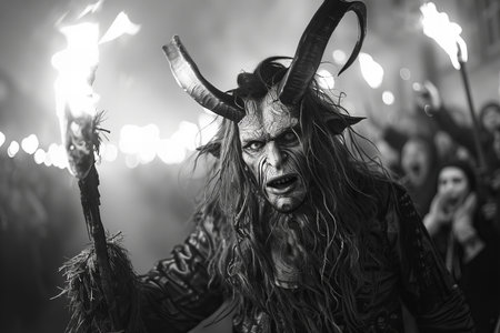 Black and white portrait of a devil with horns and horns in the darkの写真素材