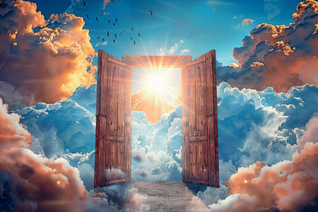 Opened door to heaven with clouds and sun. 3D renderingの写真素材