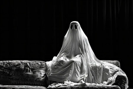 A black and white image of a ghost sitting on a sofa.の写真素材