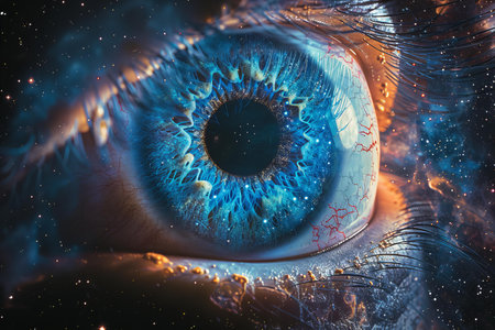Human eye in space with stars and nebula. 3D renderingの写真素材