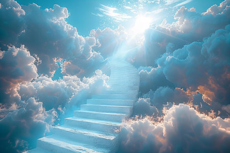 Stairway to heaven with sun rays and clouds. 3D renderingの写真素材