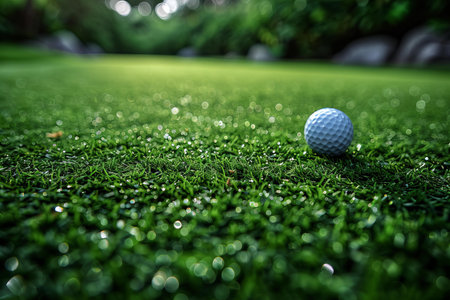 Golf ball on green grass with bokeh light background.の写真素材