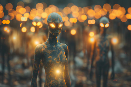 3d rendering of an alien in a dark forest with glowing lightsの写真素材