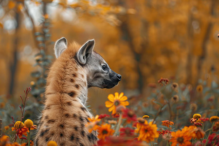 Spotted hyena in the grass with flowers in the background.の写真素材