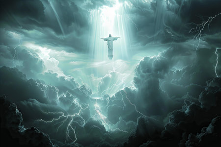 Jesus Christ on the cross in the stormy sky. 3D renderingの写真素材