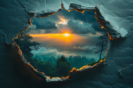 Hole in the wall with sky and sun. 3d renderingの素材