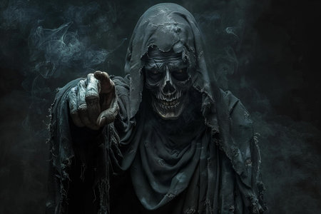 Creepy grim reaper with blood and wound on his bodyの写真素材