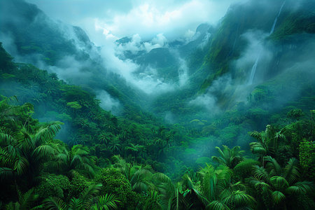 Tropical rainforest with a waterfall in the background. 3d rendering