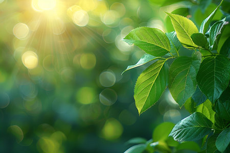 Green leaves with sunbeams on bokeh nature background.の写真素材