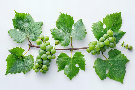Bunch of green grapes with leaves on white background, top viewの写真素材