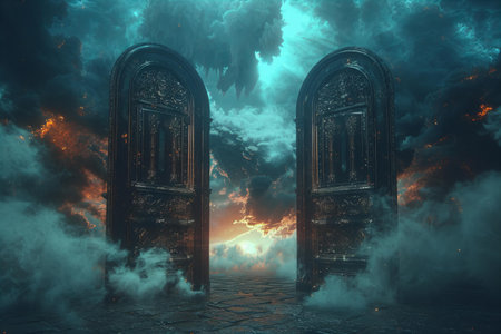 Fantasy scene with old door. 3D illustration. Fantasy background.の写真素材