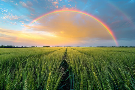 Sunset over wheat field with rainbow in the sky. Beautiful landscape.