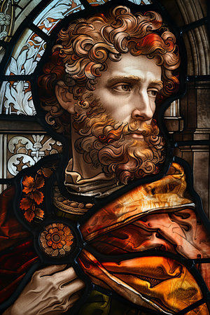 Stained glass window depicting the face of Jesus Christ in the church.の写真素材