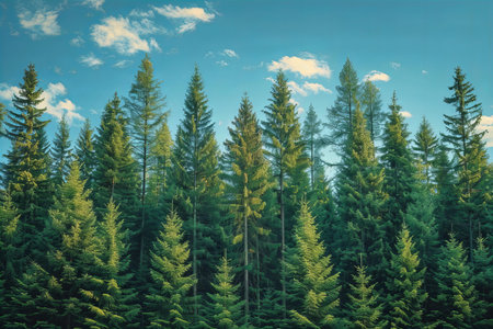 Pine trees in the coniferous forest. Nature background.の写真素材