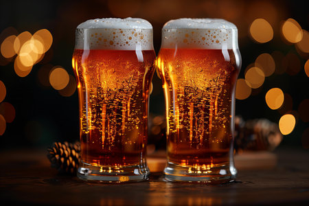 Two glasses of beer on wooden table against bokeh lights background