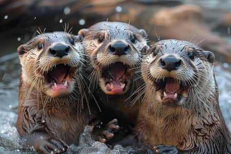 Group of wet Asian small-clawed otters (Lutra lutra)の写真素材