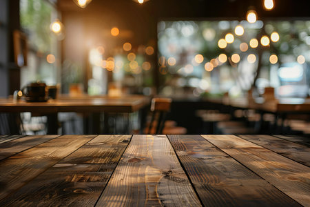Empty wood table and Coffee shop blur background with bokeh image.