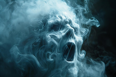 Smoke from the mouth of a man on a dark background.
