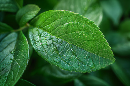 Green leaves with water drops, close-up. Nature background.