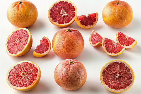 Grapefruits on a white background. Red grapefruits.の写真素材
