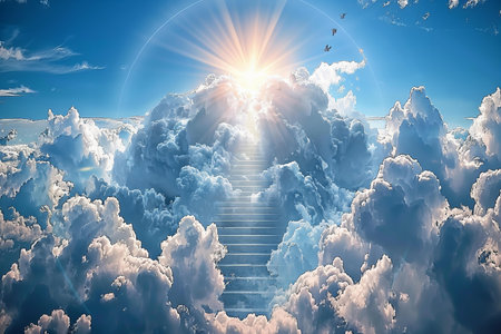 Staircase leading to heaven with sun and clouds. 3D renderingの写真素材