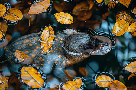 A closeup shot of a duck swimming in the water surrounded by autumn leavesの写真素材