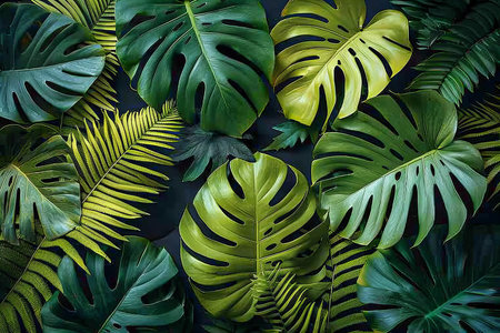 Tropical leaves on dark background. Flat lay, top view, copy space